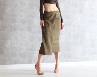 Khaki Wrap-Effect Midi Skirt | 100% Handmade | Mid-Waist Skirt w/ Crossover Design | Layered Wrap Design Skirt w/ Flared Hem