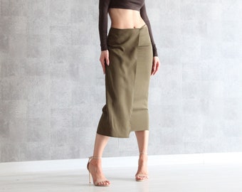 Khaki Wickel-Effekt Midi-Rock | 100% Handarbeit | Mid-Waist Rock mit Crossover-Design | Layered Wrap Design Rock mit Ausgestelltem Saum