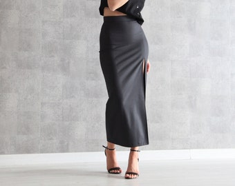 Dark Gray Midi Skirt with a Front Slit | High Waisted Skirt with Invisible Side Zip Fastening