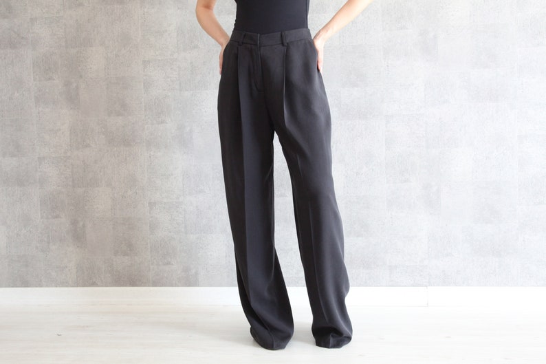 Anthracite Wide Leg Pants 100% Handmade Pleated High Waisted Pants w/ Side Pockets Palazzo Pants Full Length Trousers image 1