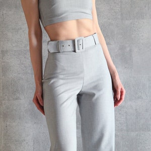 Gray Belted Wide Leg Pants 100% Handmade High Waist Pants Palazzo Pants Straight Leg Pants w/ Invisible Side Zip Wide Leg Trousers image 3