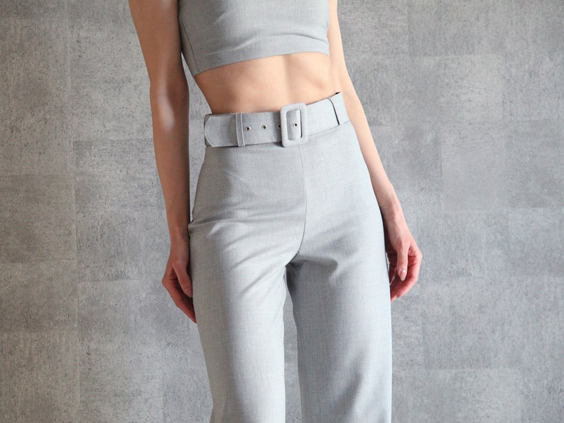 Gray Belted Wide Leg Pants 100% Handmade High Waist Pants Palazzo Pants Straight Leg Pants w/ Invisible Side Zip Wide Leg Trousers image 3