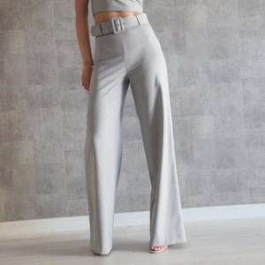 Gray Belted Wide Leg Pants 100% Handmade High Waist Pants Palazzo Pants Straight Leg Pants w/ Invisible Side Zip Wide Leg Trousers image 1