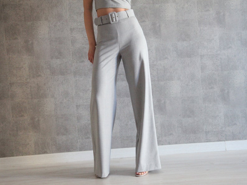 Gray Belted Wide Leg Pants 100% Handmade High Waist Pants Palazzo Pants Straight Leg Pants w/ Invisible Side Zip Wide Leg Trousers image 1