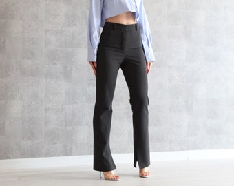 Pantalon long évasé gris | 100% fait main | Pantalon taille haute avec ourlets fendus | Pantalon évasé pleine longueur | Coupe ajustée et ourlet évasé