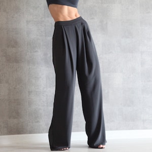 Anthracite Wide Leg Pants | 100% Handmade | High Waisted Pants | Palazzo Pants | Loose Crepe Pants w/ Invisible Side Zip | Wide Leg Trousers