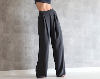 Anthracite Wide Leg Pants | 100% Handmade | High Waisted Pants | Palazzo Pants | Loose Crepe Pants w/ Invisible Side Zip | Wide Leg Trousers