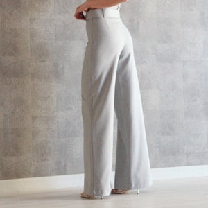 Gray Belted Wide Leg Pants 100% Handmade High Waist Pants Palazzo Pants Straight Leg Pants w/ Invisible Side Zip Wide Leg Trousers image 2