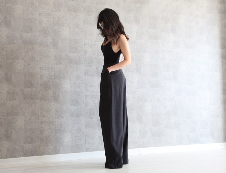 Anthracite Wide Leg Pants 100% Handmade Pleated High Waisted Pants w/ Side Pockets Palazzo Pants Full Length Trousers image 2