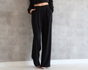 Black Palazzo Pants – Handmade High Waisted Wide Leg Crepe Pants