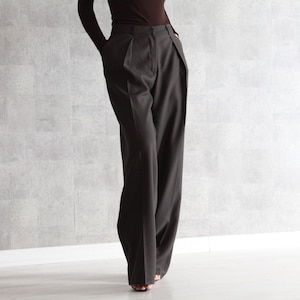 Brown Wide Leg Pants | 100% Handmade | Pleated High Waisted Pants w/Side Pockets | Palazzo Pants | Full Length Trousers w/ Front Zip Fly