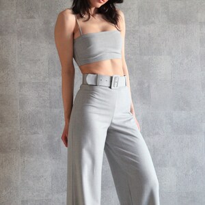 Gray Belted Wide Leg Pants 100% Handmade High Waist Pants Palazzo Pants Straight Leg Pants w/ Invisible Side Zip Wide Leg Trousers image 9