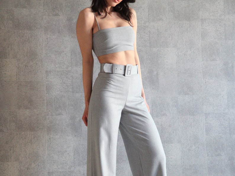 Gray Belted Wide Leg Pants 100% Handmade High Waist Pants Palazzo Pants Straight Leg Pants w/ Invisible Side Zip Wide Leg Trousers image 9