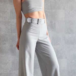 Gray Belted Wide Leg Pants 100% Handmade High Waist Pants Palazzo Pants Straight Leg Pants w/ Invisible Side Zip Wide Leg Trousers image 10