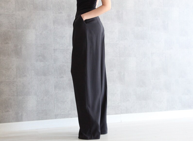 Anthracite Wide Leg Pants 100% Handmade Pleated High Waisted Pants w/ Side Pockets Palazzo Pants Full Length Trousers image 3