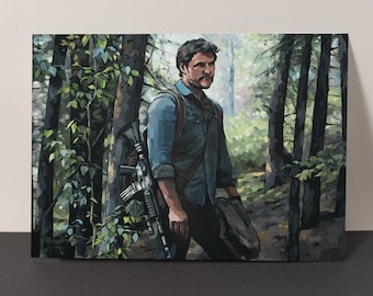 May include: A man in a blue shirt and jeans stands in a forest, holding a rifle. He is wearing a backpack and has a beard. The forest is dense with trees and foliage.