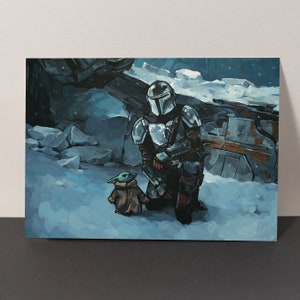 Snowy Mandalorian and Grogu in front of the Razor Crest (Pedro Pascal) Art Print
