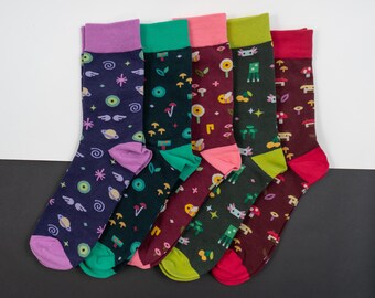 Bundle: Minecraft-Inspired Sock 5-pack | Colorful Novelty Cotton Knit Crew Socks