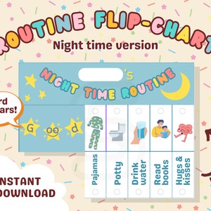 Night Time Routine Chart for Kids, Printable Board, Interactive Folding/Flip Chart, Daily Task Checklist, Homeschool Planner, Toddler Agenda