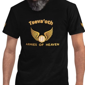 May include: Black t-shirt with a gold graphic of wings and a circle with the letters "AOH" inside. The text "Tseva'oth Armies of Heaven" is printed below the graphic.