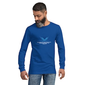 May include: A royal blue long-sleeve t-shirt with a blue and white graphic of wings and the text "A  Armor of Heaven" and the text "He shall give his angels charge over you, to keep you in all your ways. Psalm 91:11".