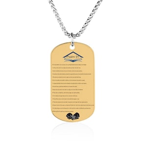 May include: Gold-tone dog tag necklace with a silver chain. The tag features the text "Psalm 91" and the full text of Psalm 91 in black text on a gold background.