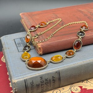 Vintage Monet Amber Glass Statement Necklace – 16–18 Inch Adjustable Gold Tone Chain