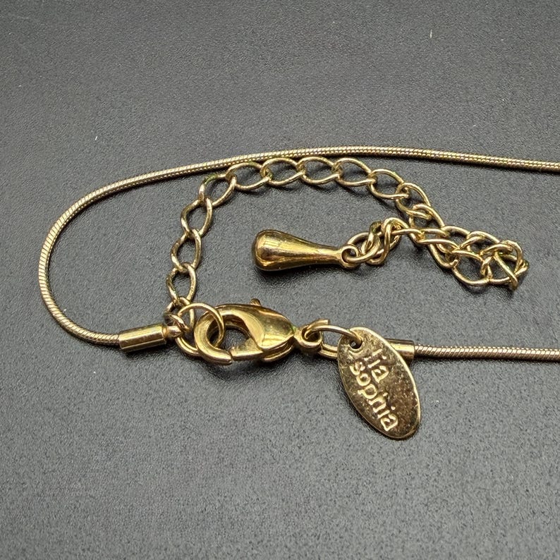 May include: A gold-tone snake chain necklace featuring a lobster claw clasp, an adjustable extender chain with a teardrop-shaped end piece, and an oval metal tag engraved with the text lia sophia attached near the closure mechanism.