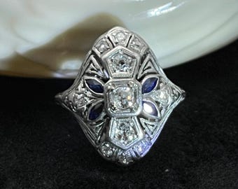 Art Deco Diamond Sapphire 18k Gold Ring, Filigree Detailing, Old Mine Cut, Marquise Stones