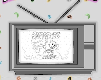 Puede incluir: Un libro para colorear en blanco y negro con SuperTed, un superhéroe oso de dibujos animados, volando por el aire. La portada presenta un televisor retro con el título "SuperTed Special Coloring Book" y las palabras "Retro Rewind" en la parte superior.