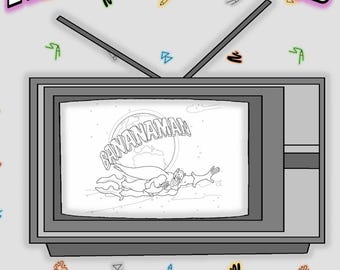 Puede incluir: Un libro para colorear en blanco y negro con una pantalla de televisión retro con una imagen de dibujos animados de "bananaman" volando por el aire. El título del libro es "Bananaman Special Colouring Book".