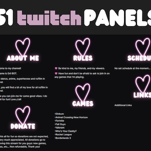 Neon Light Pink Twitch Panels | 51 Twitch Panels | Simple Heart Panels