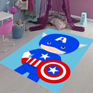 Tappeto per bambini Captain America, tappeto da supereroe per sala giochi e camera da letto, tappeto morbido e resistente, grazioso arredamento per la casa a tema eroe, tappeto per la camera dei bambini