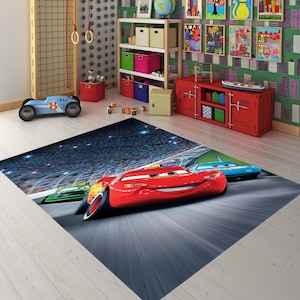 カーズラグ、カーズテーマのホームラグデコレーション、キッズルームラグ、子供用ラグ、キッズラグ、レーシングラグ、子供へのギフト、キッズルームデコレーション