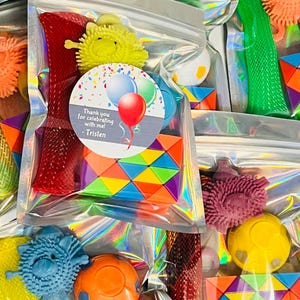 May include: Several clear cellophane bags filled with colorful fidget toys. Each bag contains a variety of items, including spiky balls, mesh tubes, and rainbow-colored puzzles. A circular sticker with balloons and text that reads "Thank you for celebrating with me! - Tristen" is visible.