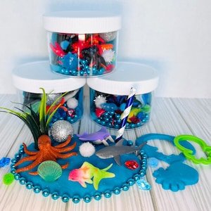 Playdough to go sensory jars, ocean theme party favors, dough kids party favors, dough kits, playdough stocking stuffers, goodie bags