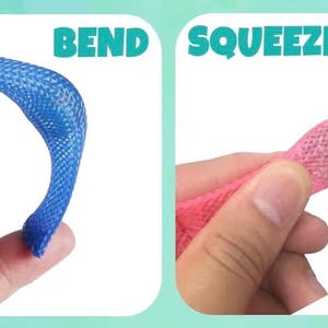 May include: Two images show a blue and a pink mesh tube being manipulated. The blue tube is bent, and the pink tube is squeezed. The words "BEND" and "SQUEEZE" are written above the tubes. These are sensory toys.