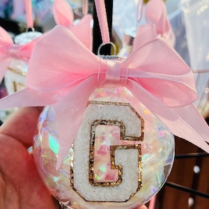 BEST SELLER - Chenille letter ornament, Christmas initial ornament, irridescent tinsel disc ornament, gift exchange, girl gift, best friend