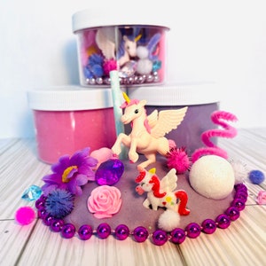 Playdough to go sensory jars, unicorn party favors, dough kids party favors, dough kits, playdough stocking stuffers, goodie bags