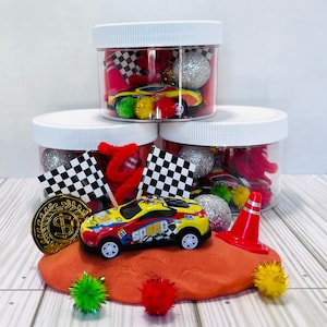 Playdough to go sensory jars, race car party favors, dough kids party favors, dough kits, playdough stocking stuffers, goodie bags