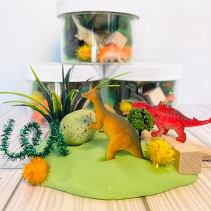 Playdough to go sensory jars, dinosaur party favors, dough kids party favors, dough kits, playdough stocking stuffers, goodie bags