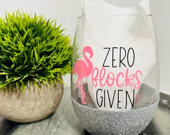 Flamingo „Zero Flocks gegeben“ Peek-A-Boo Stemless Glitter Weinglas