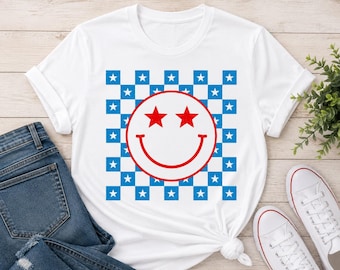 Softstyle Rot Weiß & Blau Smiley T-Shirt, Unisex Gildan Softstyle