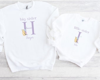 Big Sister Little Sister Matching Jumpers |Personalised Girls Winnie Pooh and Piglet Matching Sweatshirts |Gift for Girls |Baby Announcement