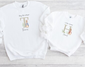 Big Brother Little Sister Jumpers | Personalised Pink or Blue Bunny Matching Sibling Sweatshirts | Brother Sister Matching Outfits