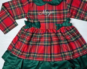 Personalised Girls Tartan Christmas Frilly Dress with Bow Detail, Festive and Adorable! Girls Personalised Christmas Outfit, Girls Christmas