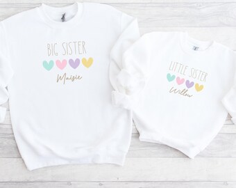 Big Sister Little Sister Jumpers | Personalised Pastel Love Hearts Matching Sister Sweaters | Gift For New Big Sister | Baby Announcement