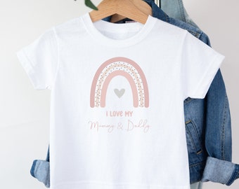 I Love My Mummy and Daddy T-shirt | Personalised Girls T-shirt | Gift for Girls | Gift for New Parents |Girls Pink Rainbow Mummy & Daddy Tee