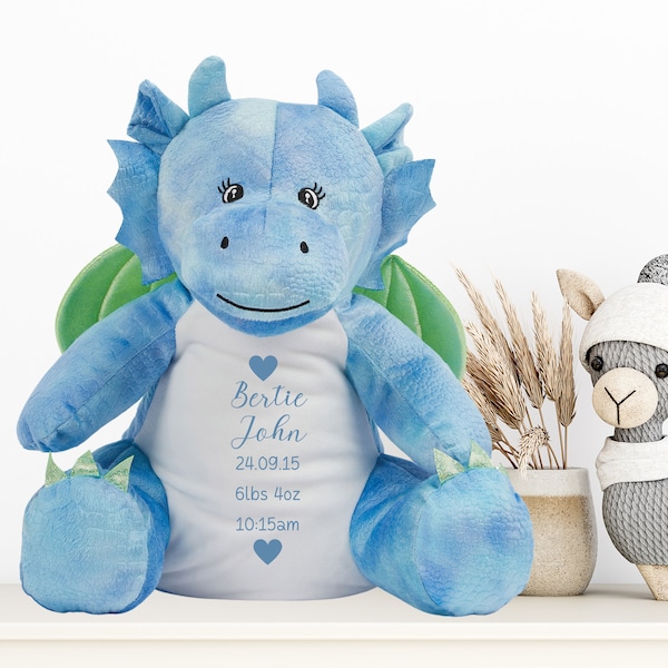 Mini Dragon Soft Toy | Blue Mini Dragon Stuffed Animal | Personalised Soft Toy | Baby Memory Bear | Gift for Baby | New Baby Gift