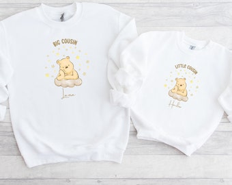 Big Cousin Little Cousin Jumpers | Personalised Winnie Pooh Cousin Sweatshirts |  Baby Announcement | Matching Winnie Pooh Jumpers |Twinning